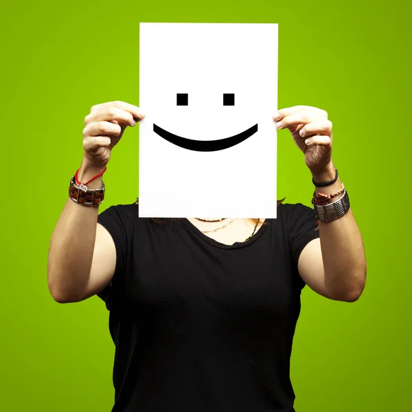 Woman with smile emoticon — Stock Photo, Image