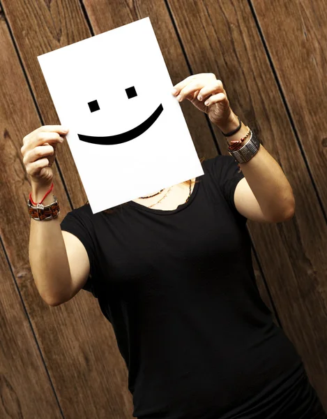 Frau mit Emoticon von Lächeln — Stockfoto