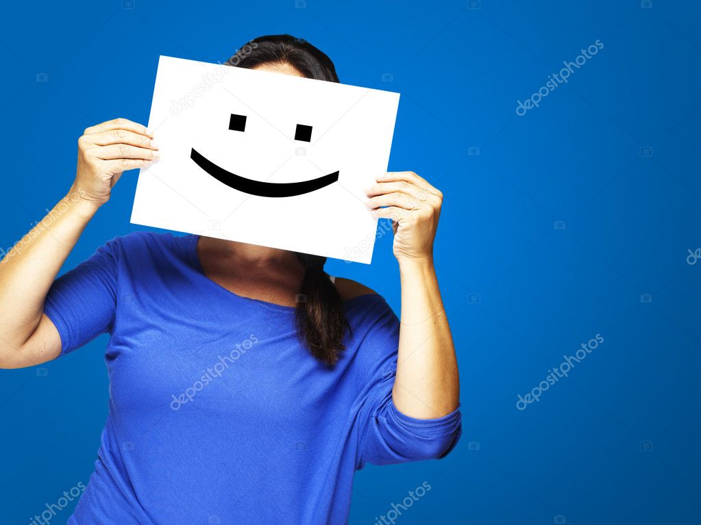 Woman with happy emoticon