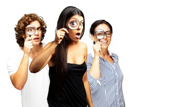 Young scientifics looking through a magnifying glass over white clipart