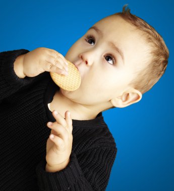 üzerinde mavi renkli bisküvi yeme çocuk portresi