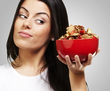 Woman holding breakfast bowl clipart