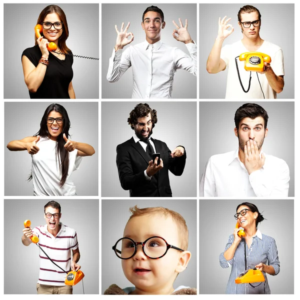 Composition of young joking over grey background — Stock Photo, Image