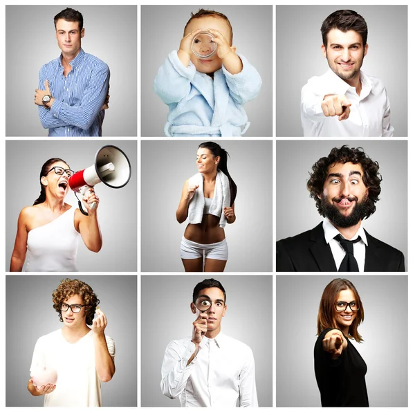 Composition of young joking over grey background — Stock Photo, Image