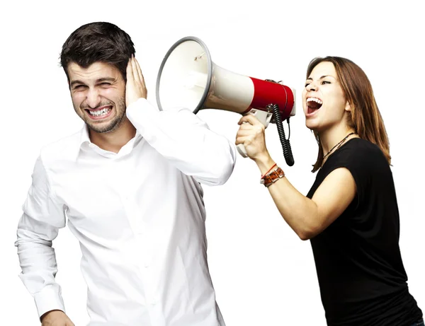 Mulher gritando com megafone — Fotografia de Stock