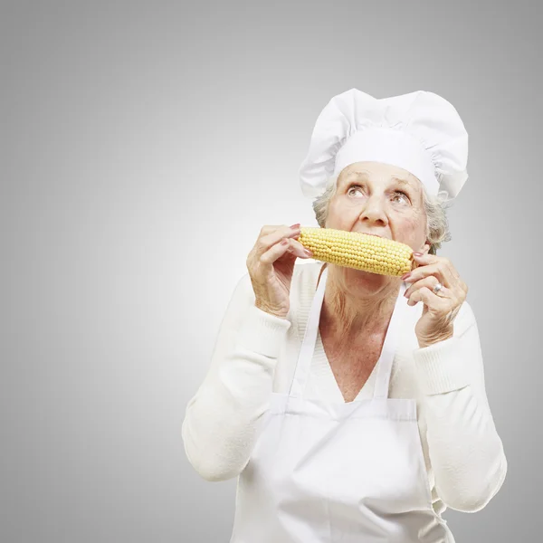 Mujer mayor cocinero comer una mazorca de maíz sobre un fondo gris —  Fotos de Stock