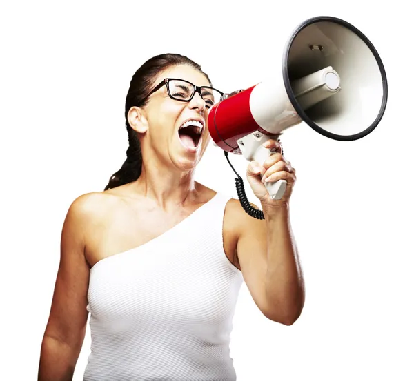 Mulher gritando usando megafone — Fotografia de Stock