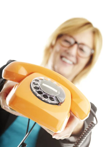 Mulher com telefone vintage — Fotografia de Stock