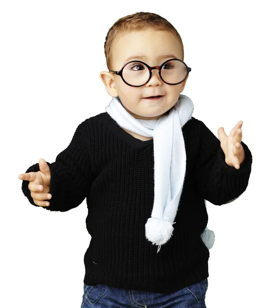 Portrait of adorable kid gesturing doubt against a white backgro — Stock Photo, Image