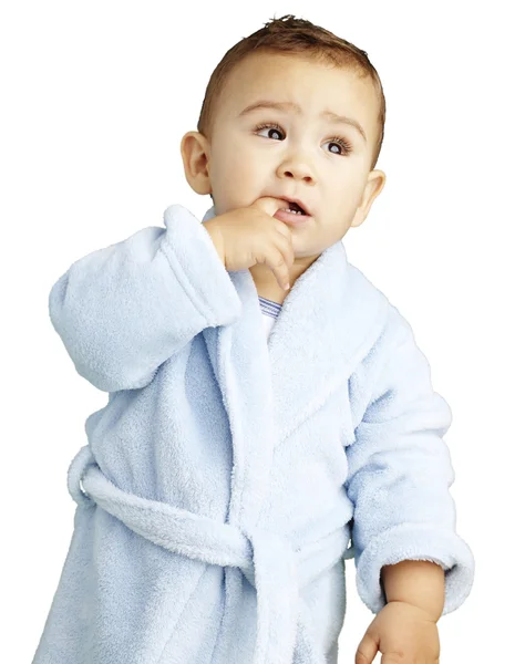 Retrato de bebê adorável com o dedo na boca vestindo — Fotografia de Stock