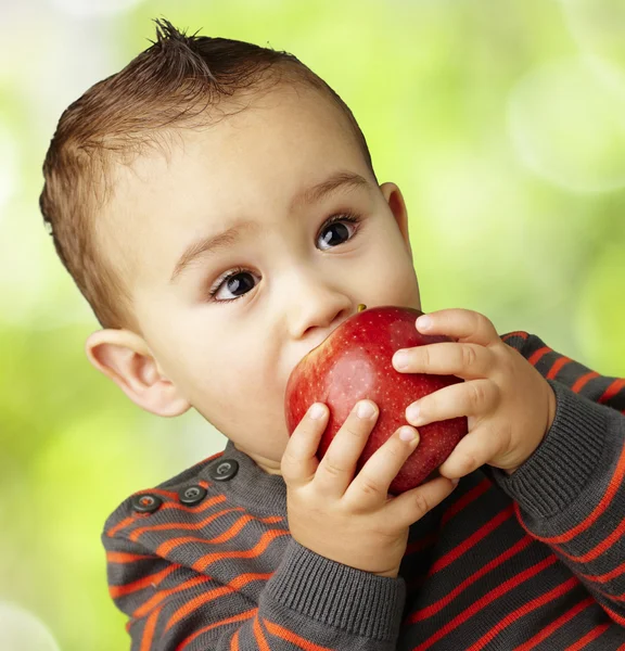 Portrait of a handsome kid sucking a red apple at park — Stock Photo, Image