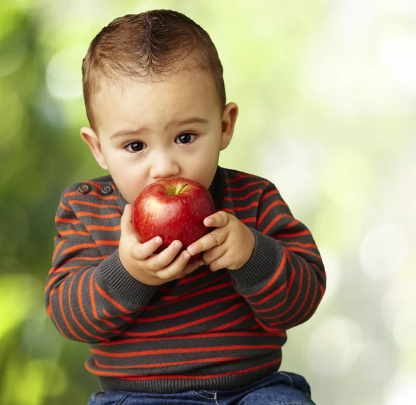 Portrait of a handsome kid sucking a red apple at park — Stock Photo, Image