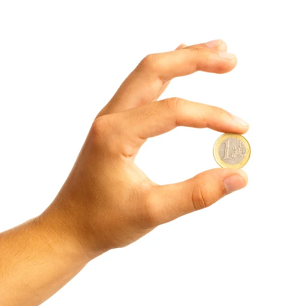 Euro coin and hand — Stock Photo, Image