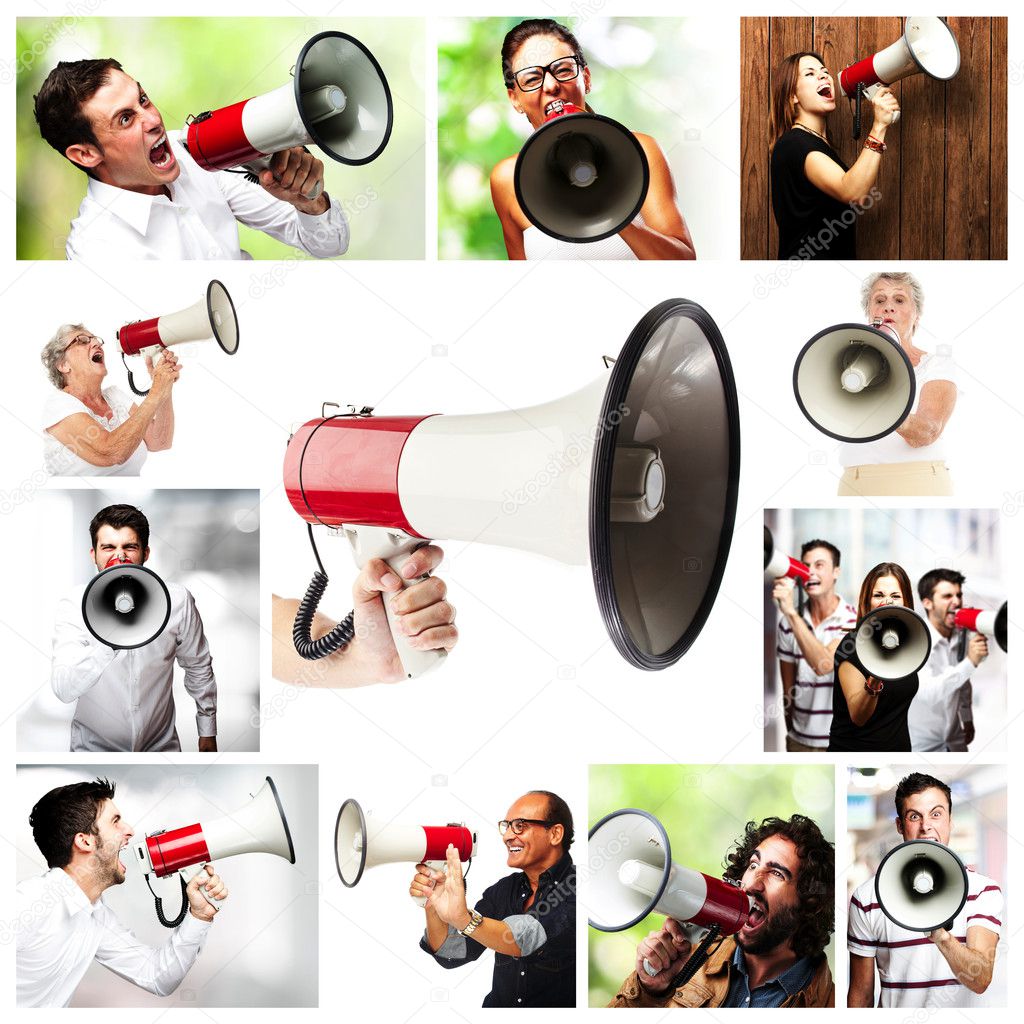 Group of shouting with a megaphone