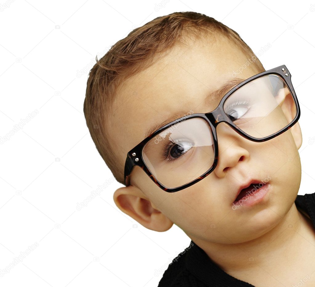 Portrait of kid wearing glasses over white background