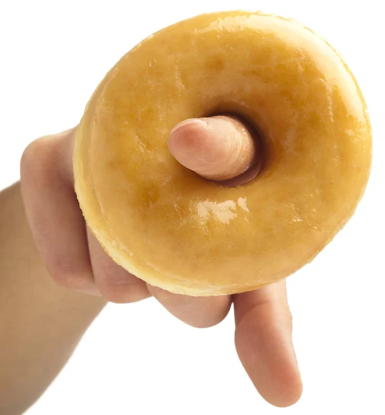 Beyaz bir arka plan üzerinde izole şeker donut ile parmak — Stok fotoğraf
