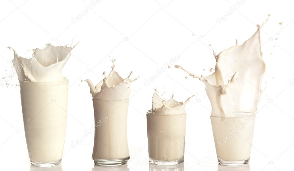 Fresh milk splashing on a glass on white background collection