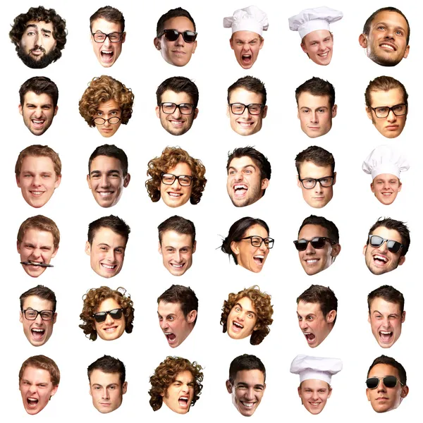 Grande coleção de rostos de pessoa sobre fundo branco — Fotografia de Stock