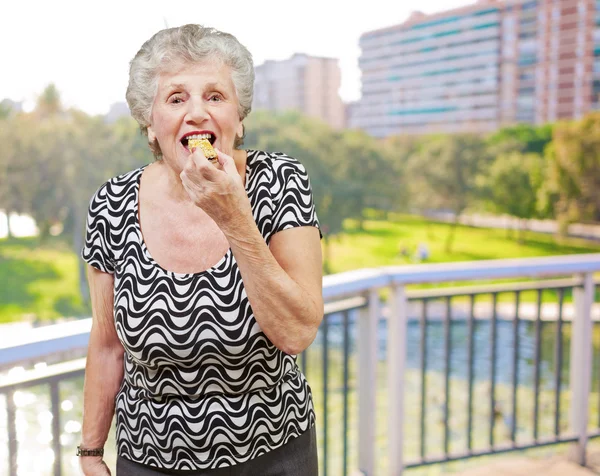 공원에 대 한 시리얼 바 먹는 고위 여자의 초상화 — 스톡 사진
