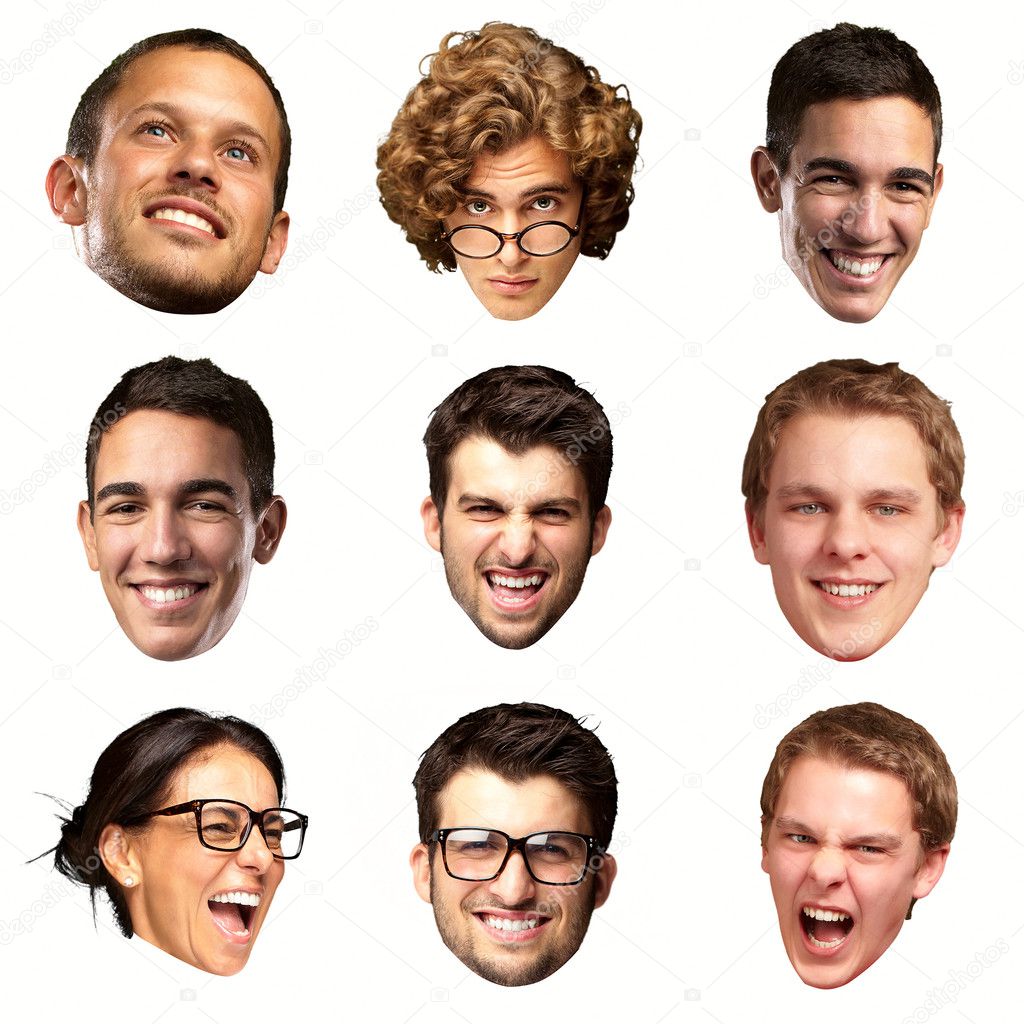Collection of person faces over white background