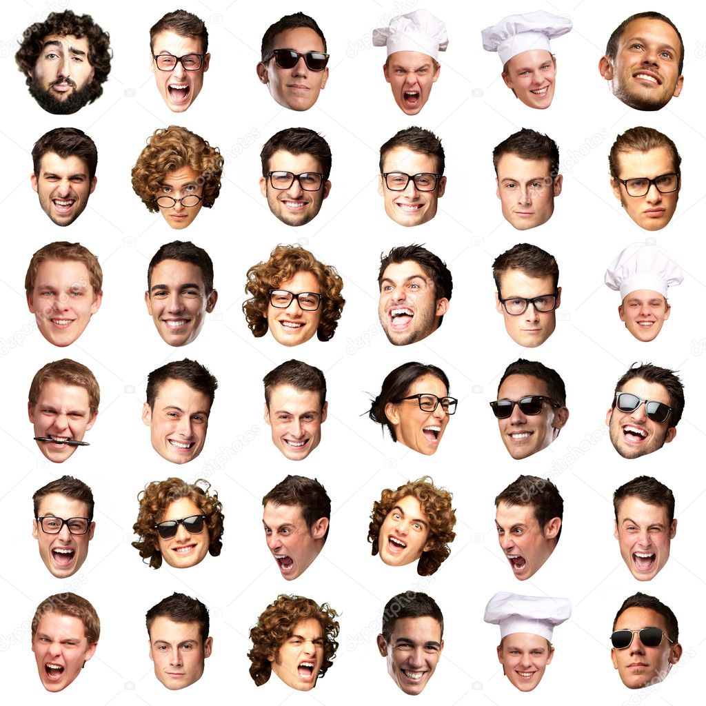Big collection of person faces over white background