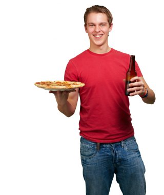 Portrait of young man holding pizza and beer over white backgrou clipart