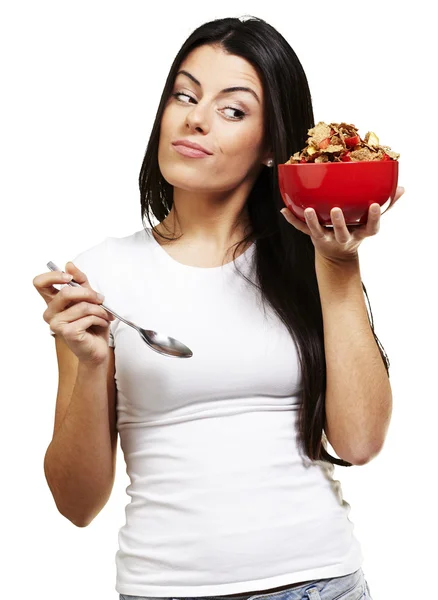 Woman holding breakfast bowl — Stock Photo, Image