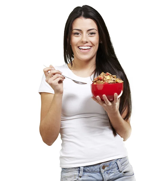 Woman holding breakfast bowl — Stock Photo, Image