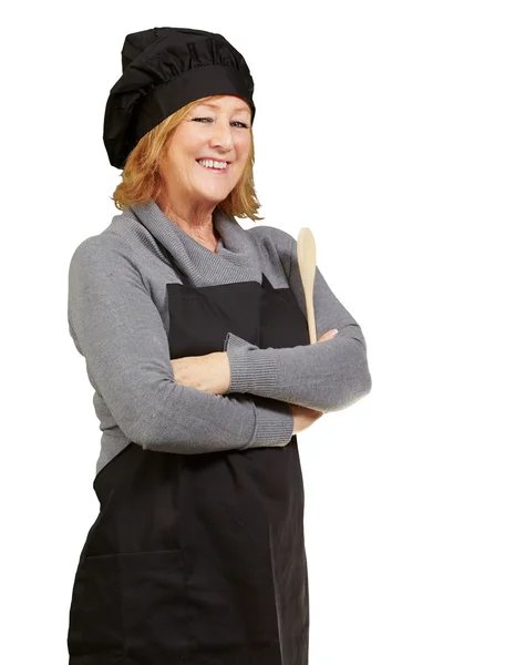 Retrato de mulher cozinheiro vestindo avental sobre fundo branco — Fotografia de Stock