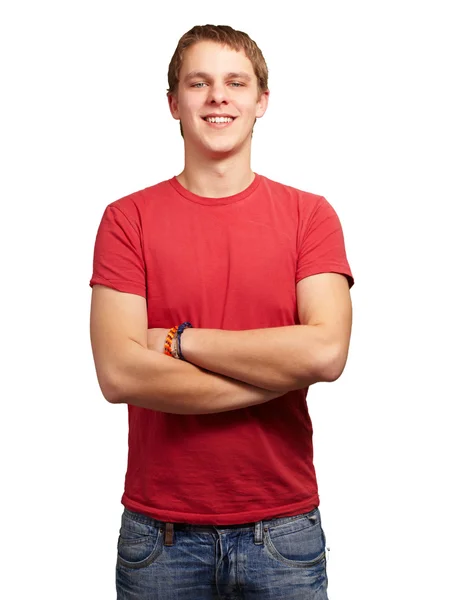 Portret van een jonge man die lacht op witte achtergrond — Stockfoto
