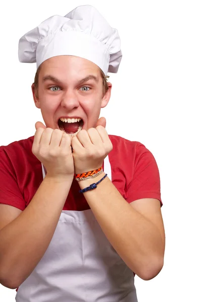 Retrato del joven cocinero gritando sobre fondo blanco —  Fotos de Stock