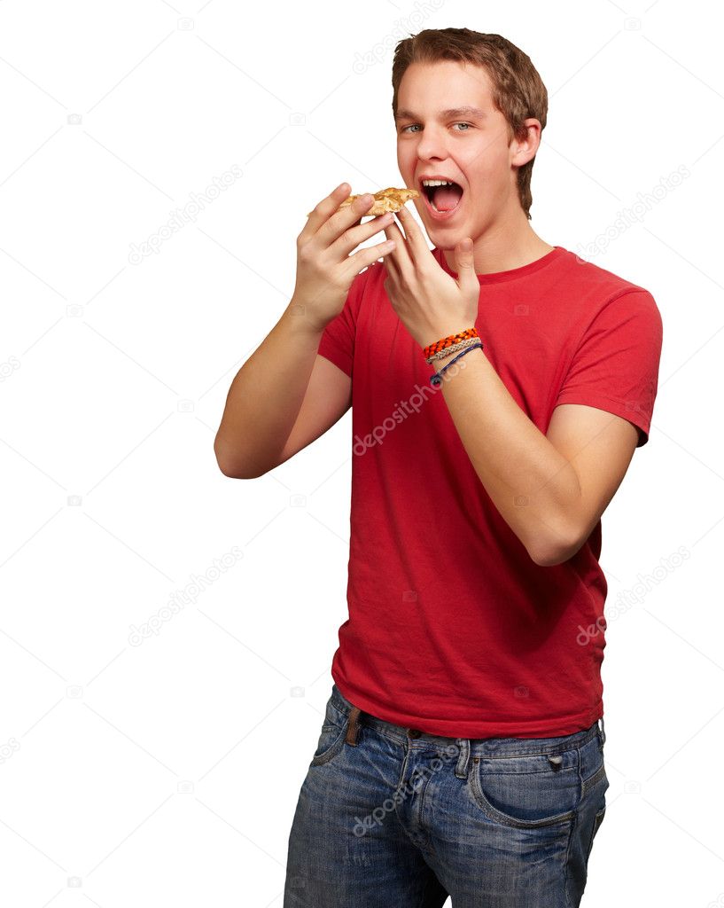 Portrait of young man eating pizza over white background