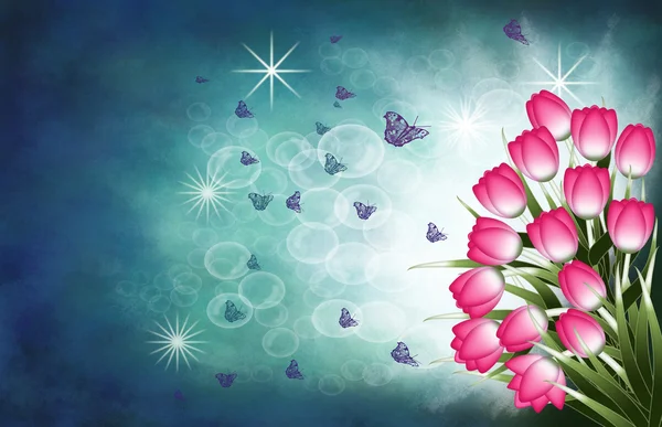 Tulips and butterflies — Stock Photo, Image