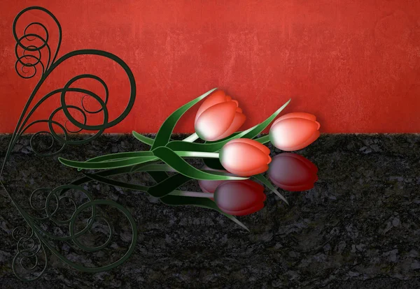 Red tulips with reflection and swirl — Stock Photo, Image