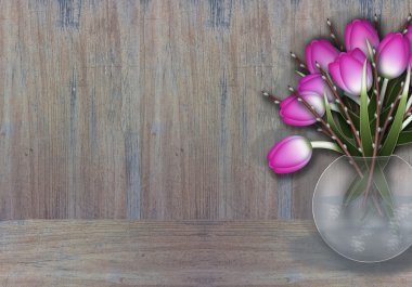 Purple tulips in a wase wooden texture background clipart