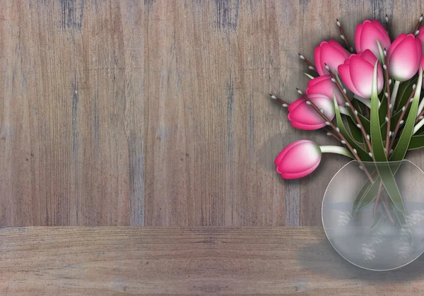 Růžová Tulipán a willow větve na texturu dřeva — Stock fotografie