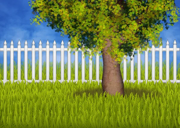 Green summergarden with fence and tree — Stock Photo, Image