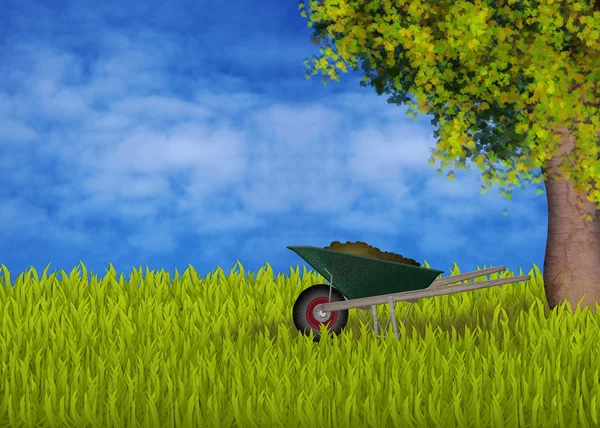 Gardening with green wheelbarrow — Stock Photo, Image