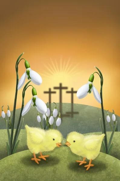 Snowdrop and chicken on Easter day — Stock Photo, Image