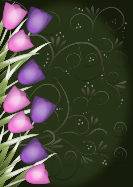 Tulip border green background with swirls — Stock Photo, Image
