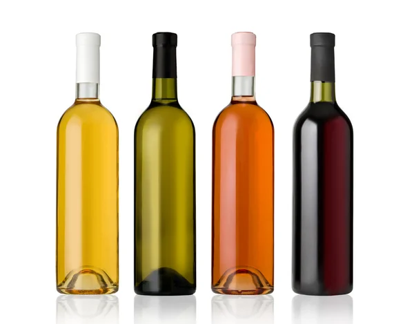 Sada lahví vína bílé, růžové a červené. — Stock fotografie