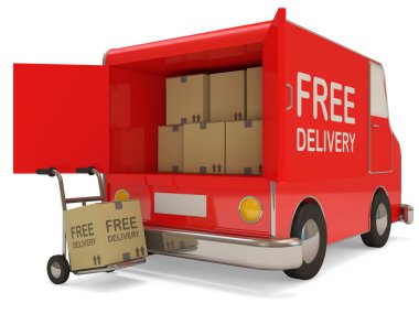 Delivery Van and Hand truck with a box on white background (Free Delivery Concept) clipart