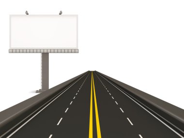Beyaz arka plan üzerinde izole boş billboard olan Asfaltlı yol