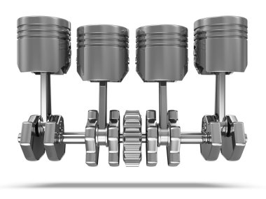Pistonlar ve beyaz arka plan (V8 motoru üzerinde izole krank mili)