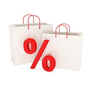 Beyaz arka plan üzerinde alışveriş torbaları ile yüzde işareti