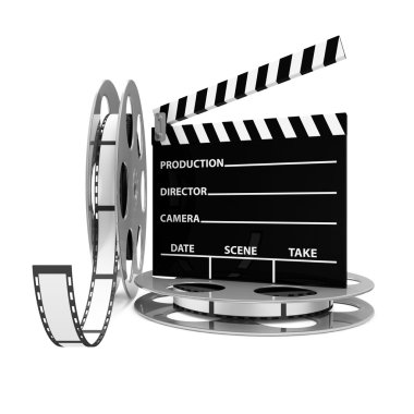 Cinema Clap and Film Rolls isolated on white background clipart