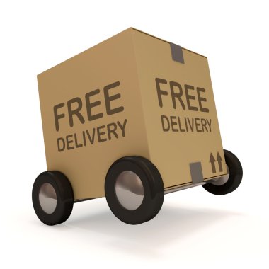 Carton Box on wheels on white background (Free Delivery Concept) clipart