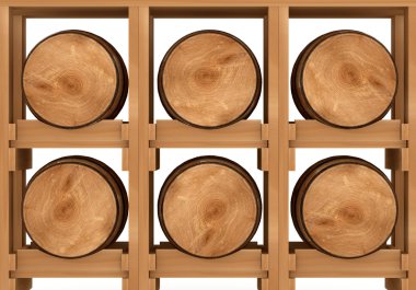 3d shelf with six wooden barrels on white background clipart