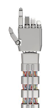 Beyaz arka plan üzerinde izole bir şey dokunmak metal Robotik el