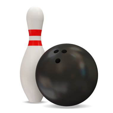 3D bowling topu ve beyaz arka plan üzerinde pin